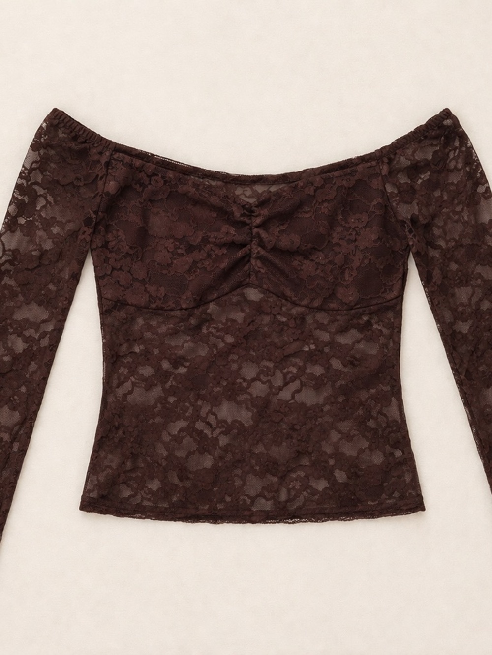 4/$20 - Sheer Lace Off-Shoulder Top in Chocolate Brown in XS